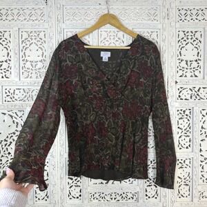 LOFT 100% Silk Floral Faux Wrap Blouse‎ Sz 14 Fairy Cottage Milkmaid Boho